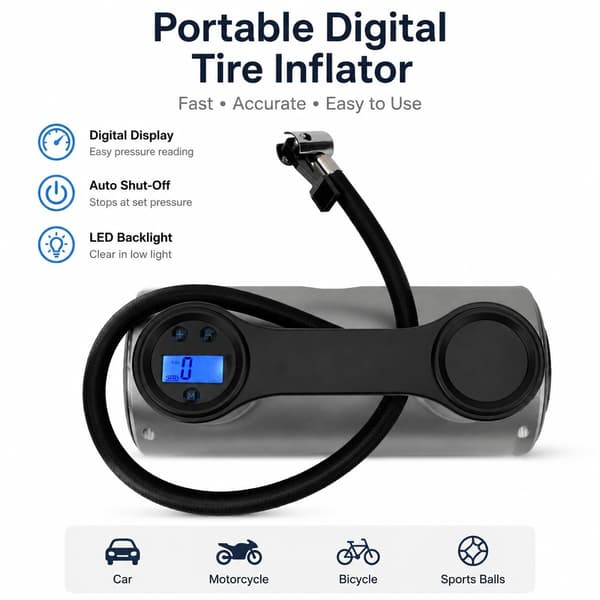 12V 120W Elektrisk Luftpumpe, Digitalt Display, USB-opladning, LED-lys, til Bildæk