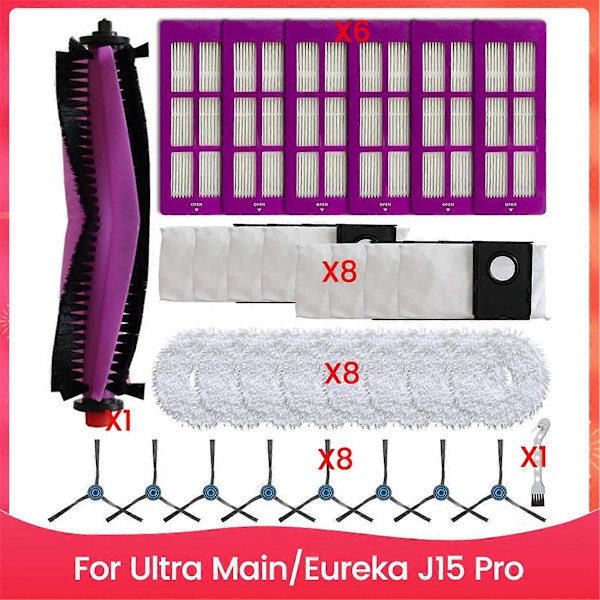 Reservedeler for Eureka J15 Pro for Ultra Hovedsidebørste Filter Mopp Klut Støvpose Kit