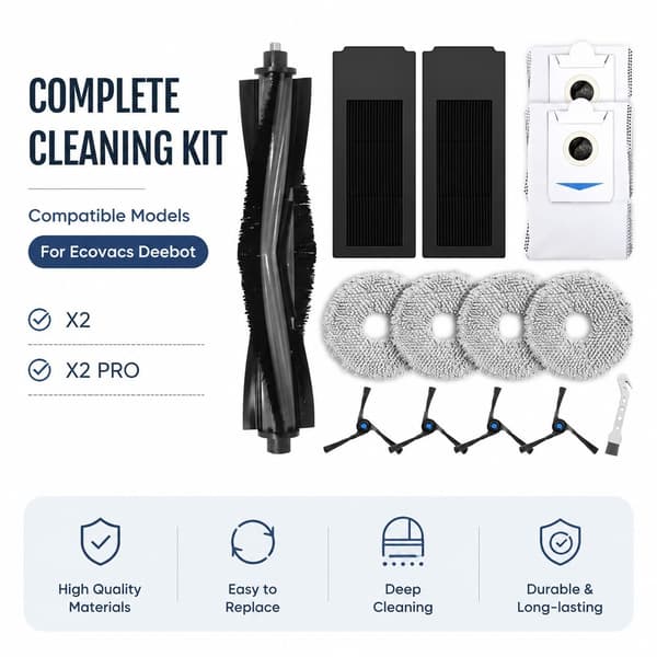 Ecovacs X2/X2Pro Robotstøvsuger Tilbehørssæt, 14 dele, Hovedbørste, Sidebørster, Filtre, Klude, Støvposer