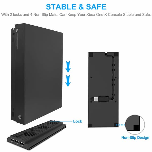 Xbox One X lodret stander med køleventilator og 3 USB-porte, sort
