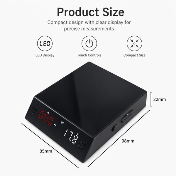 Præcisionskaffevægt 500g/0.01g med timer, LED-display, USB-C genopladelig, sort