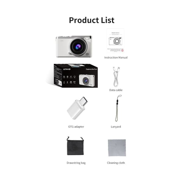 64 MP digitalkamera, 4K-video, 16x zoom, CCD-sensor, 2,4\" IPS-skjerm, 180° roterende objektiv, hvit
