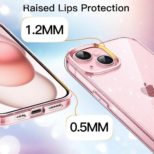 Rosa Glitterdeksel til iPhone 15 6,1-tommer, Gjennomsiktig Støtsikkert Bumperdeksel med Glitter, Slank Passform for Kvinner