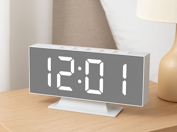 Digital LED Vekkerklokke med Speildisplay, USB, Hvit, Termometer