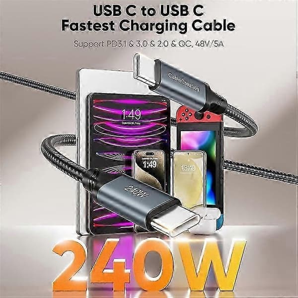 CABLECREATION CC1304 1,83 m Type-C till Type-C 240W Snabbladdningskabel Nylonflätad Datakabel