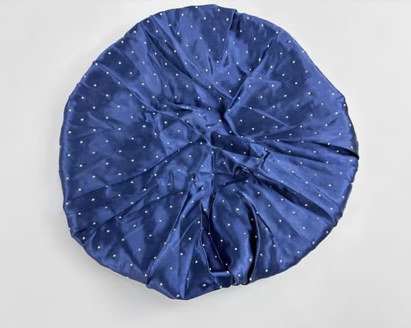 Satin sovmössa med strass, marinblå, mjuk polyester, anti-friss hårbonnet
