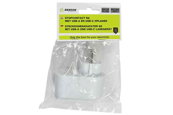 Vegguttak med USB-A og USB-C, hvit, 16A-adapter med 2 USB-porter