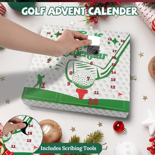 Golfadventskalender 2025, 24-dagars julnedräkning, present med golftillbehör