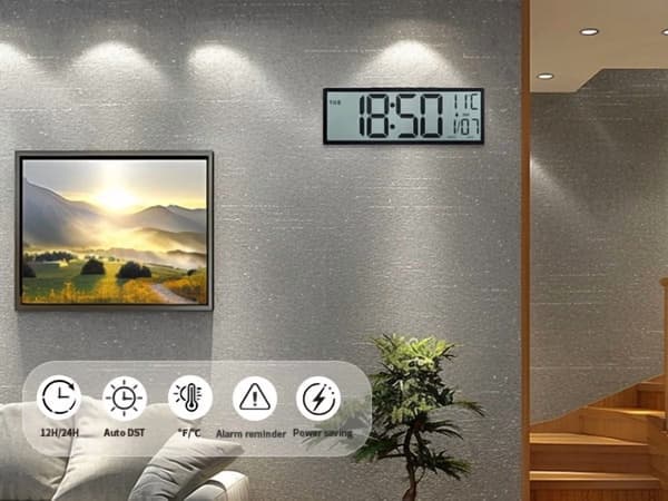 15\" stor digital väggklocka, batteridriven, stor display med datum, veckodag och temperatur, alarm