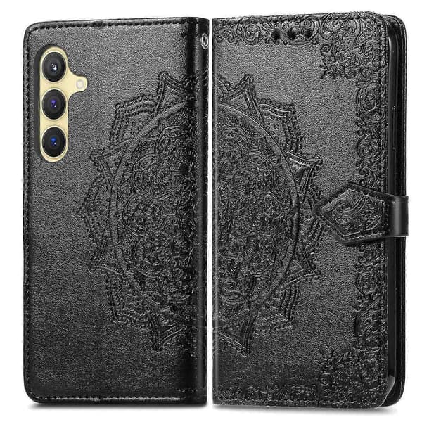 Plånboksfodral för Samsung Galaxy S25 Mandala Blomma Läder Telefonskal Ställ - Black