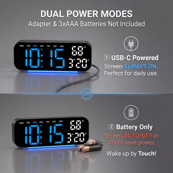 Digital väckarklocka med datum och temperatur, LED-display, dubbla larm, USB-driven, batteribackup, blå