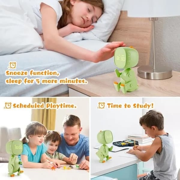 Dinosaurväckarklocka för barn, grön, uppladdningsbar med nattlampa, snooze och timer