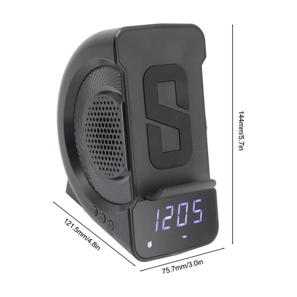 3-in-1 Bluetooth-kaiutin herätyskellolla, langaton lataus, 10W, PC ABS, musta yöpöydälle