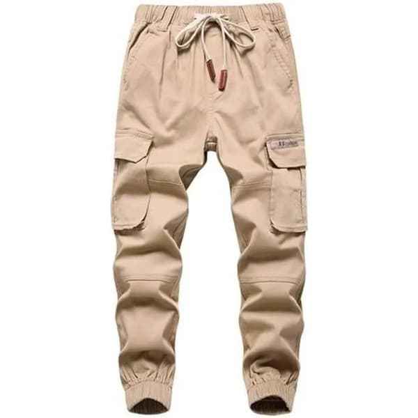 Drenge Cargo Bukser, Slim Fit Joggers, Elastik Talje, Khaki, Bomuldsblanding