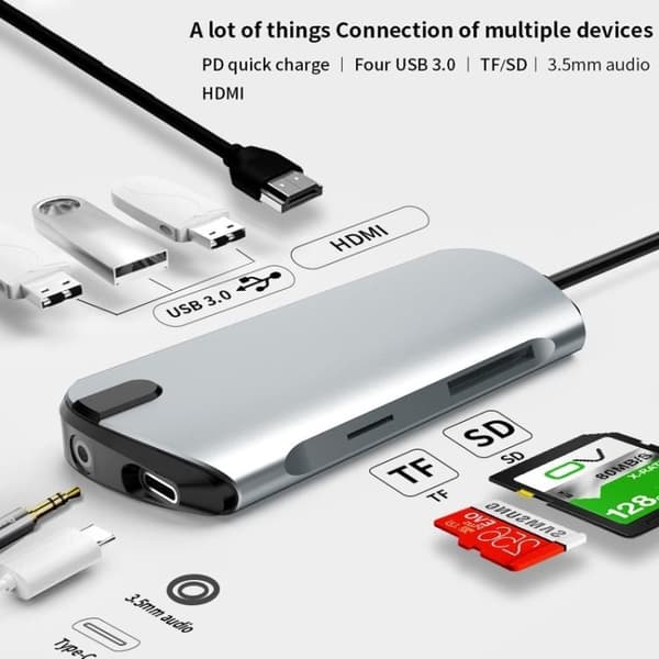 USB-C Hub 3.0 med HDMI, SD/TF-kortlæser, 3 USB-porte, AUX, til Macbook