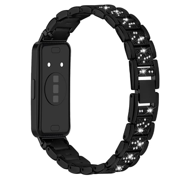 Urrem i rustfrit stål kompatibel med Huawei Band 8/9/10, slankt diamantdesign, sort Black