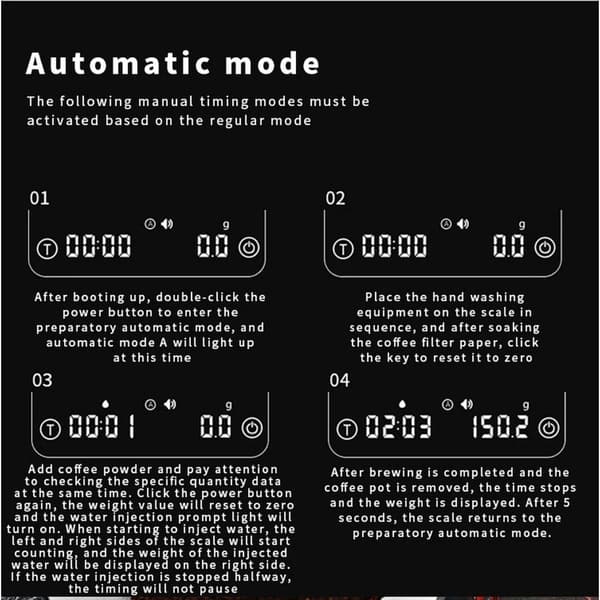 Digital kaffevægt med timer, 0,1g præcision, LED-display, Auto/Smart Espresso/Flow-tilstande, Sort