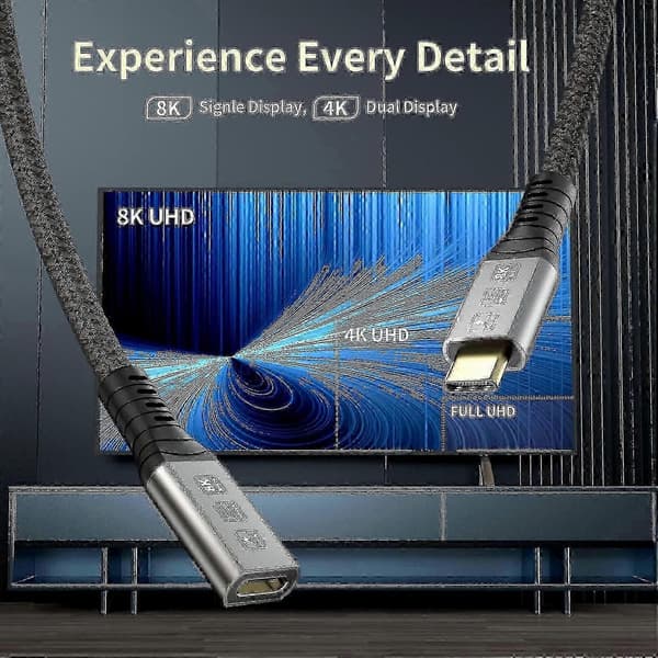 Thunderbolt 4 förlängningskabel, USB-C-kabel till USB C hane till hona stöder 8K/5K@60Hz video / 40 Gbps dataöverföring / 100W laddning (0,8m)