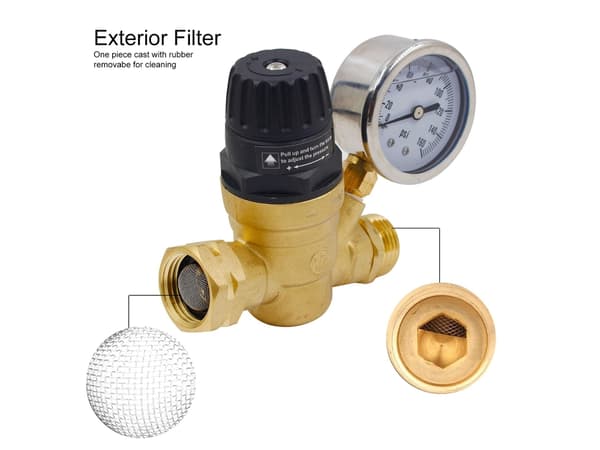 Vattenregulator i mässing för husbil med justerbart handhjul och mätare, 0-160 PSI flödeskontrollventil för husvagn