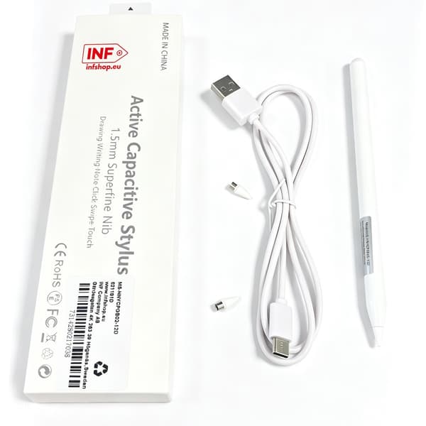 Styluspenn USB-C med 2 erstatningstupper, hvit, aluminium, kapasitiv berøringsskjerm, iPad