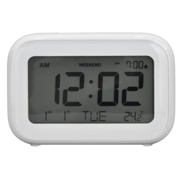 Mini digital vekkerklokke med LCD-skjerm, slumrefunksjon, 12H/24H, for soverom, reise, kontor, hvit