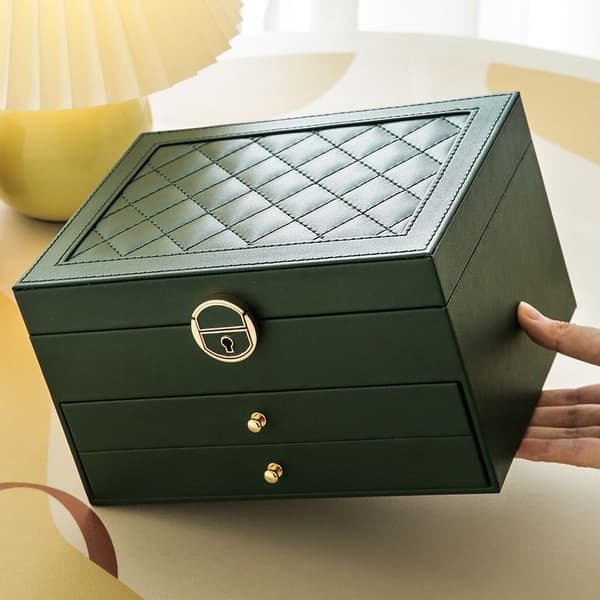 PU Læder Smykkeskrin med Lås, 3-Lags Stor Kapacitet, Diamantmønster, Øreringe- og Halskædearrangør, Sort Green Stud Earrings 2-Pack