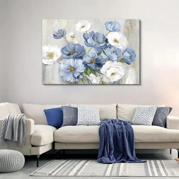 Blå blommig väggkonst, 60x80cm oframad dukmålning, modern vardagsrumsinredning