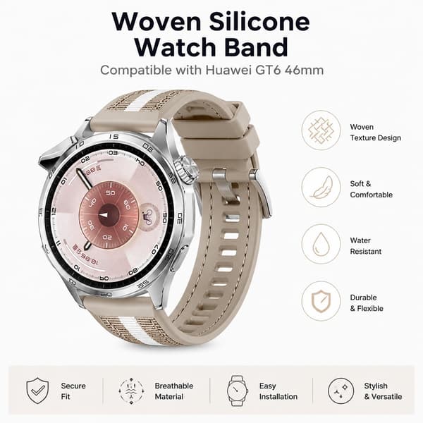 Vævet silikone urrem kompatibel med Huawei GT6 46mm, beige, blød behagelig erstatningsrem Beige