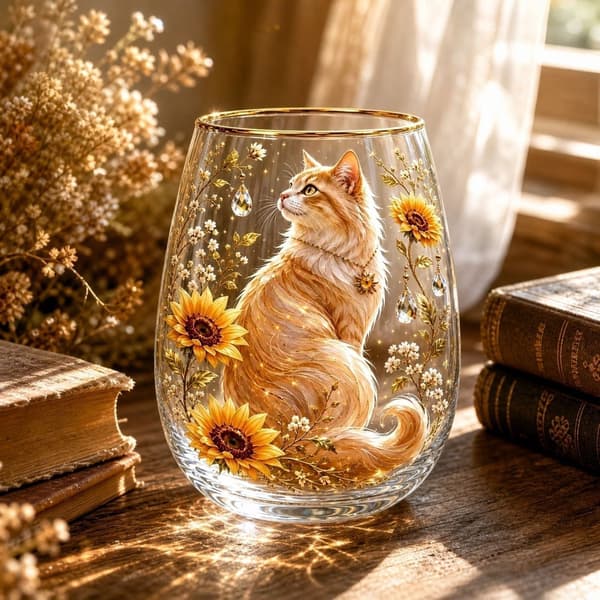Kattglas med blommig konst, dricksglas för kattälskare, heminredningspresent för kvinnor