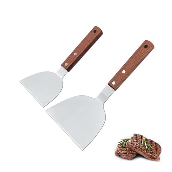 Hamburgerpalet i rustfrit stål med træhåndtag, ergonomisk, varmebestandig, til grill og stegeplade