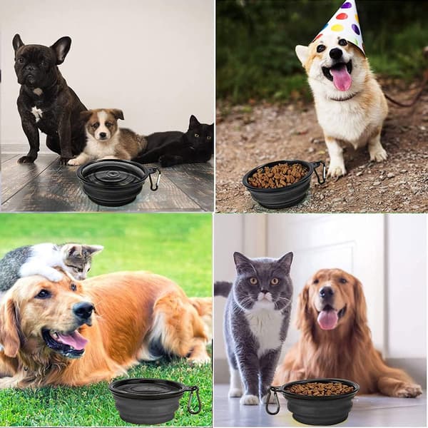 Sammenklappelig bærbar hundeskål til katte og hunde, foder- og vandskål til kæledyr med karabinhage Black Medium(650ML)