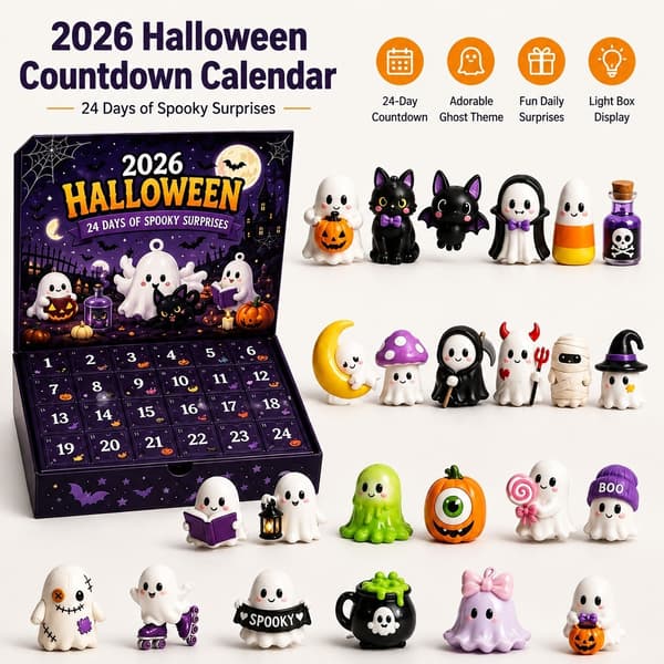Nedräkningskalender för Halloween 2026, Spöke i 3D-dockstil, Ljuslåda, Spöklik Dekor