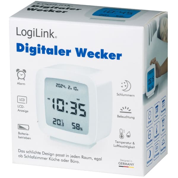 Digital vekkerklokke med dato, temperatur, fuktighet, slumrefunksjon, hvit