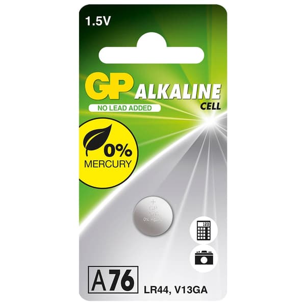 Alkaline knappcellebatteri LR44 A76, 1,5V, 1-pakning