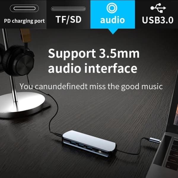 USB-C Hub 3.0 med HDMI, SD/TF-kortlæser, 3 USB-porte, AUX, til Macbook