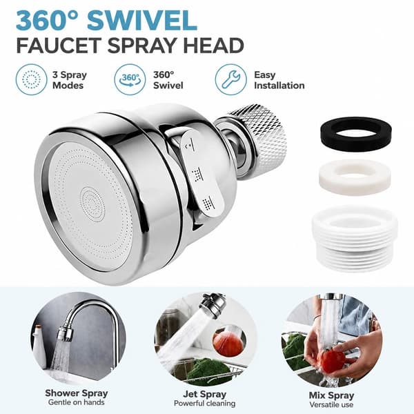 360° roterande kranmunstycke, 3 spraylägen, vattenadapter för diskbänk