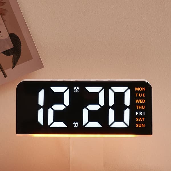 LED digital vekkerklokke med store tegn, datovisning, stemningslys, multifunksjonell bordklokke Gh8033 white shell blue light