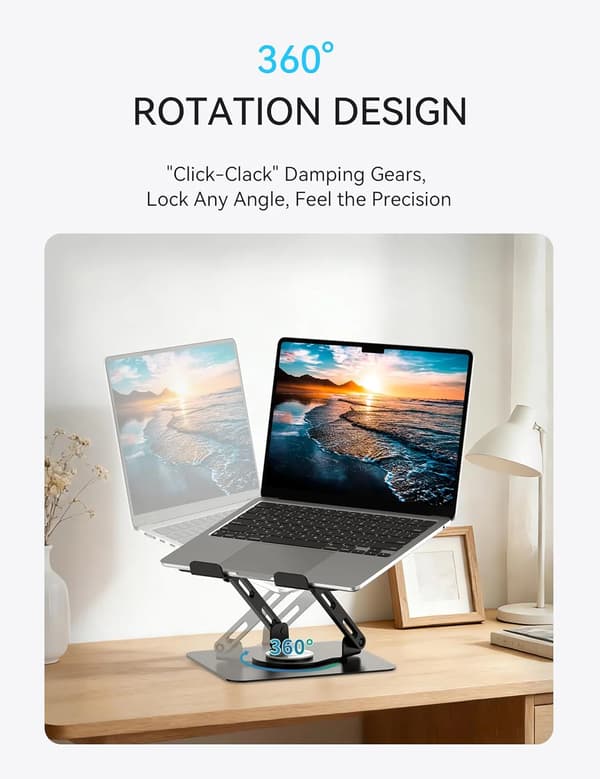 360° Roterende Laptopstander, Ergonomisk Metal Computer Riser, Justerbar Højde, Sammenklappelig, Ventileret, til 10-15.6\" Laptops - Sort