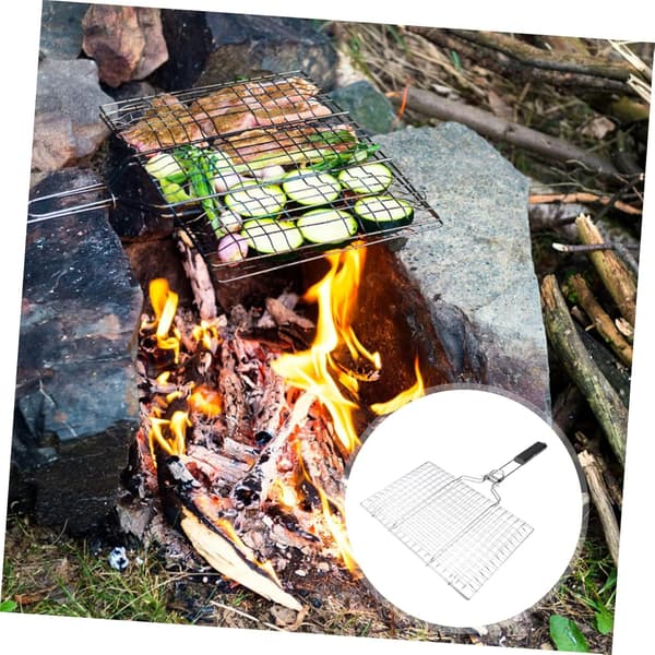BBQ-grillnett i rustfritt stål, sammenleggbart med håndtak, for utendørs grilling