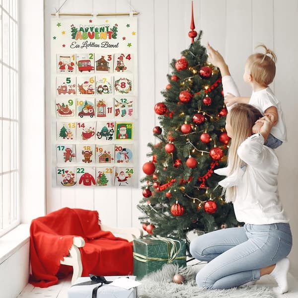 Julkalender i tyg med 24 fickor, hängande godispåsar, 60x115cm