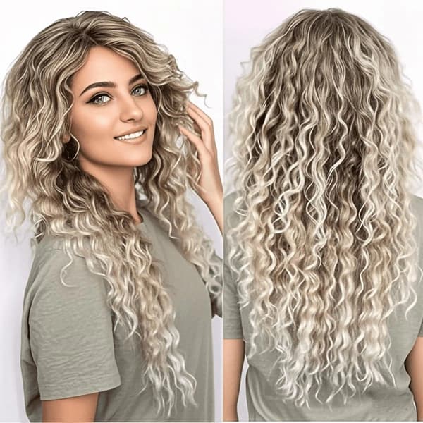 28 tommer lang Ombre Blond Krøllet Paryk til Kvinder - Gradient Askeblond Syntetisk Hår
