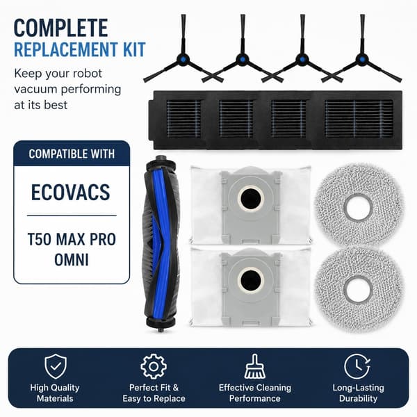 Ecovacs T50 Max Pro Omni tilbehørssæt 1, hovedbørste, sidebørster, filtre, moppe, støvposer