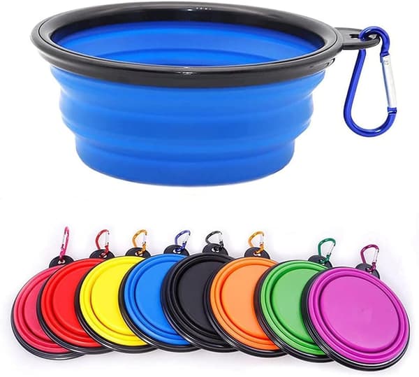 Sammenklappelig bærbar hundeskål til katte og hunde, foder- og vandskål til kæledyr med karabinhage Blue Medium(650ML)