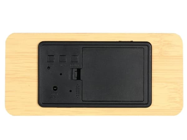Digital vekkerklokke med LED-skjerm og termometer, trefinish, lydaktivert, USB