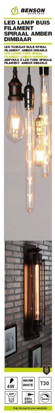 LED-spiraalifilamenttilamppu T30 4W E27 Amber, 30x255mm, himmennettävä