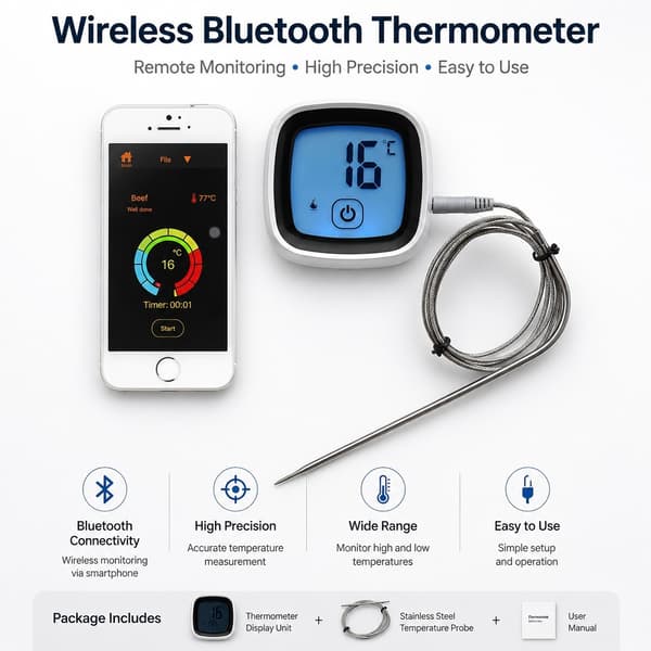 Bluetooth Kødtermometer, Digitalt Trådløst Madlavningstermometer, 0-250C, Rustfri Stålprobe