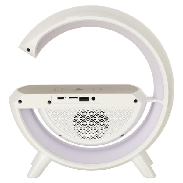 LED-lamppu langattomalla laturilla, radiolla, Bluetooth-kaiuttimella, herätyskellolla, valkoinen
