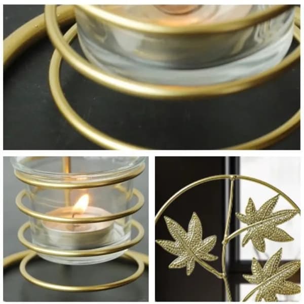 Ljusstake i guld med lönnlöv, järn och glas, för jul- och bröllopsdekoration