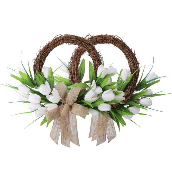 Vit tulpan sidenblomsterkrans, 40 cm diameter, för hemdörr väggdekoration