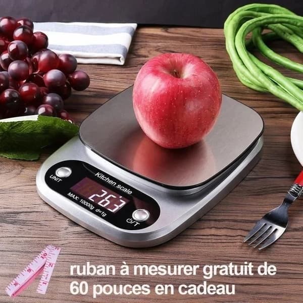 Kjøkkenvekt i rustfritt stål, 40 kg kapasitet, digital LCD, for matlaging og baking